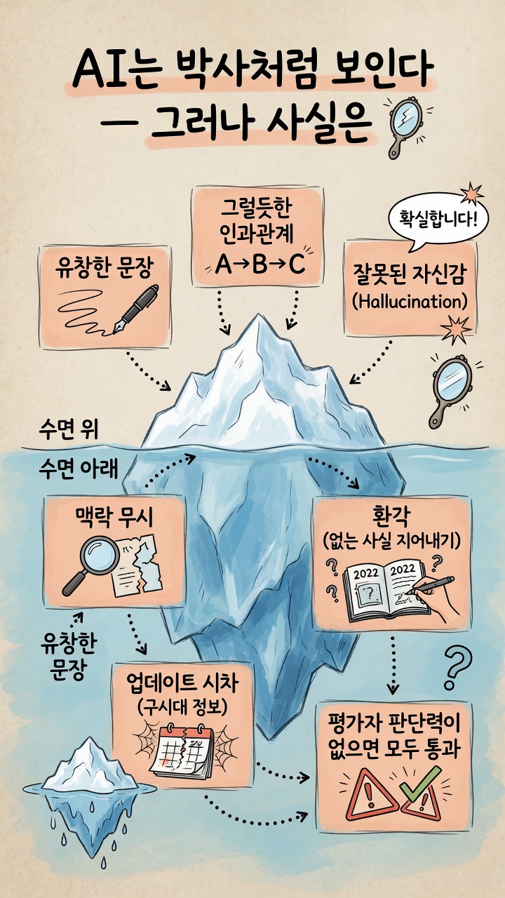 AI는 박사처럼 보이지만 사실은 빙하처럼 일부분만 보이는 인포그래픽