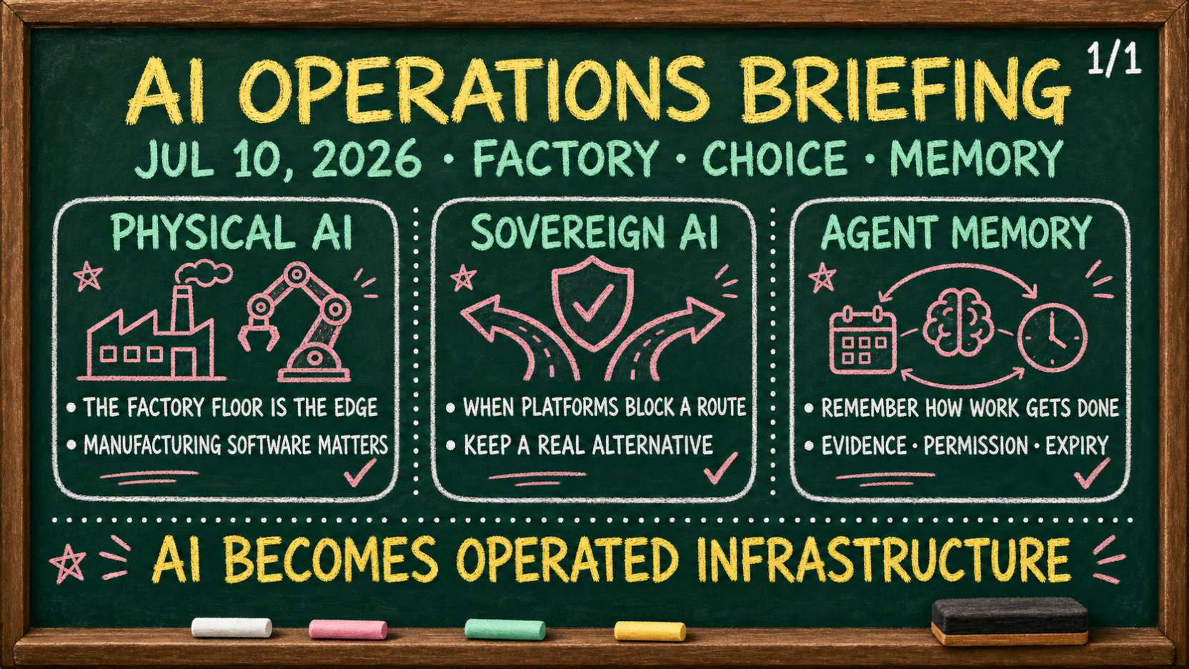 July 10, 2026 AI operations briefing chalkboard infographic: Physical AI, Sovereign AI, Agent Memory