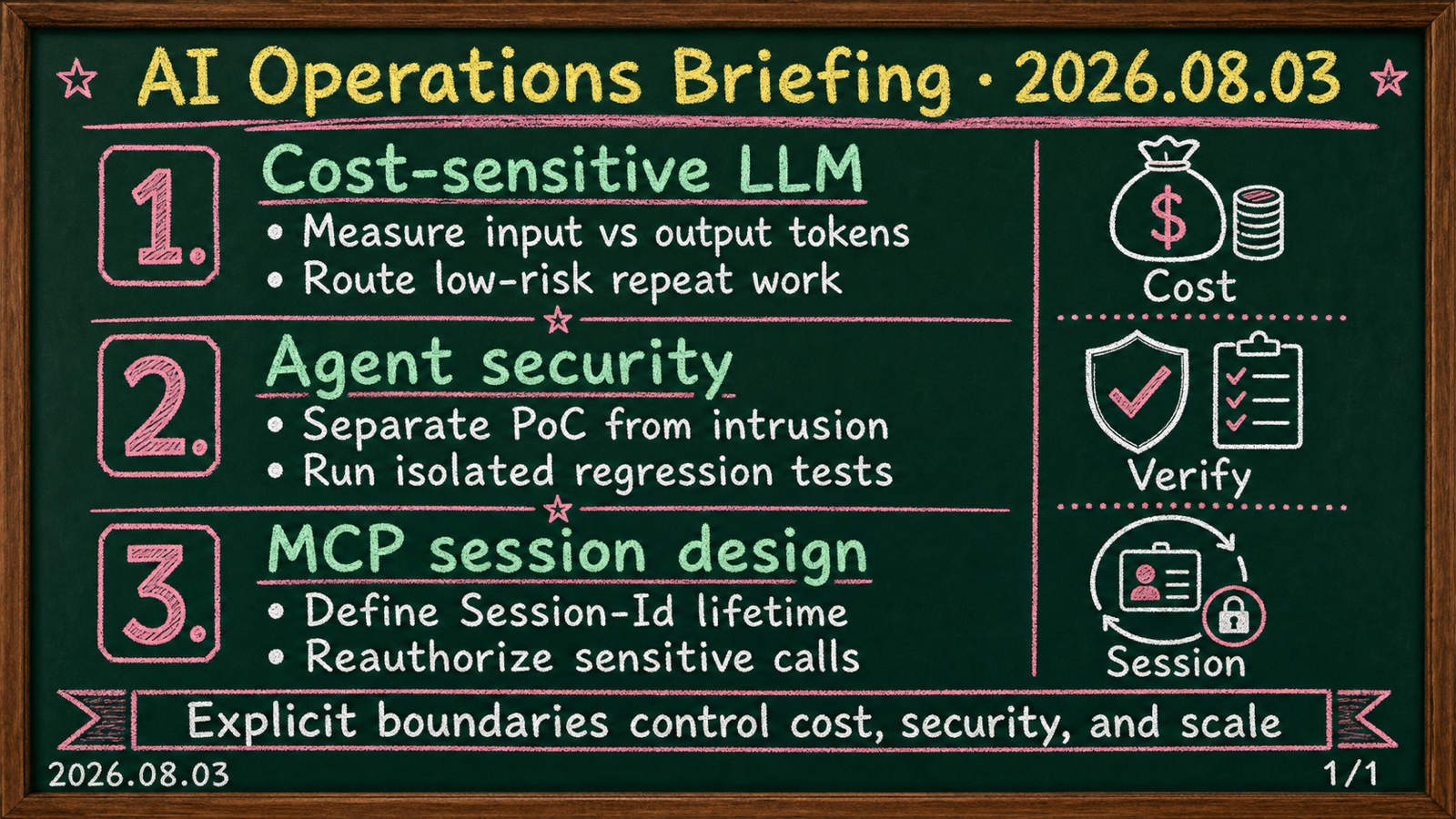 AI operations briefing for August 3, 2026: costs, agent security, and MCP session design