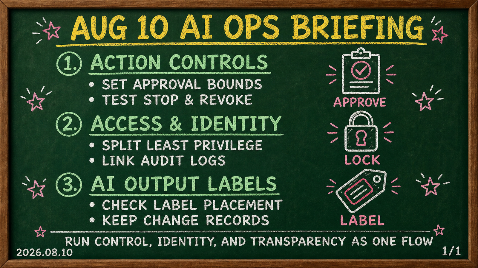 August 10 AI operations chalkboard briefing covering agent controls, security, and AI output labels