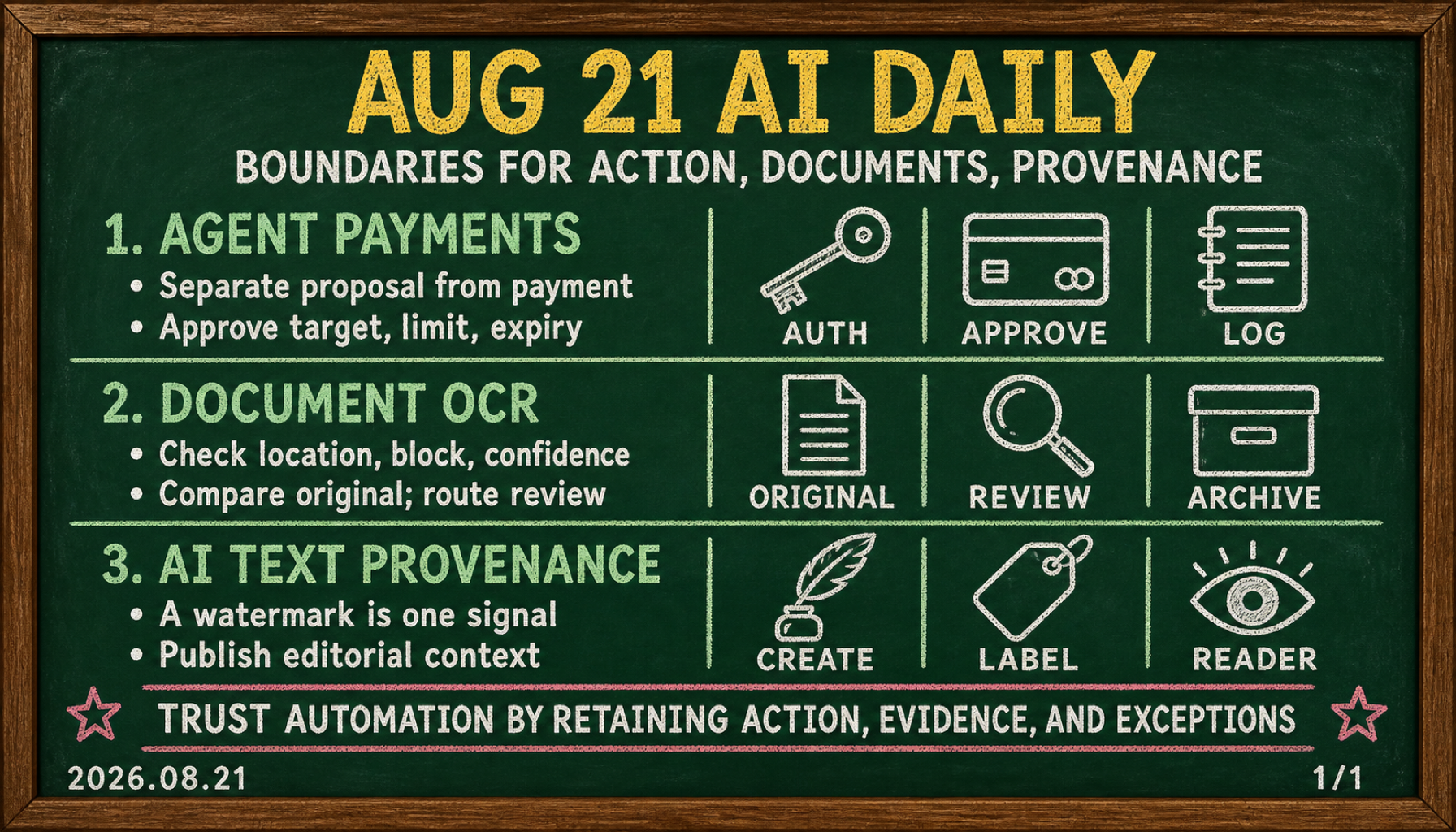 August 21, 2026 AI Daily: agent payment approval, document OCR review, and AI text provenance labeling