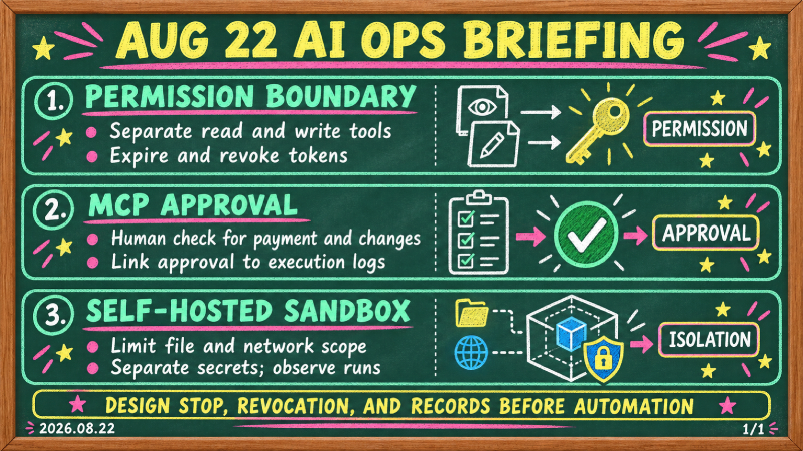 Chalkboard briefing for August 22, 2026, summarizing permission boundaries, MCP approvals, and self-hosted sandboxes