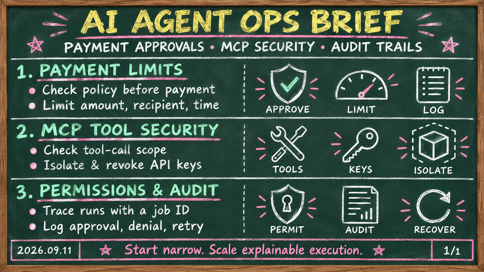 September 11, 2026 briefing on agent payment approvals, MCP security, and audit trails