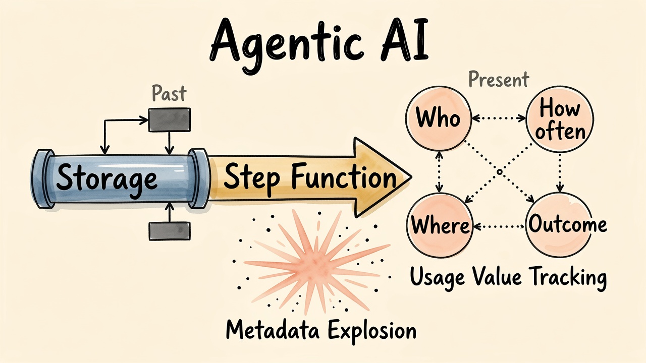 Agentic AI infographic: data management shifts from storage to usage value tracking