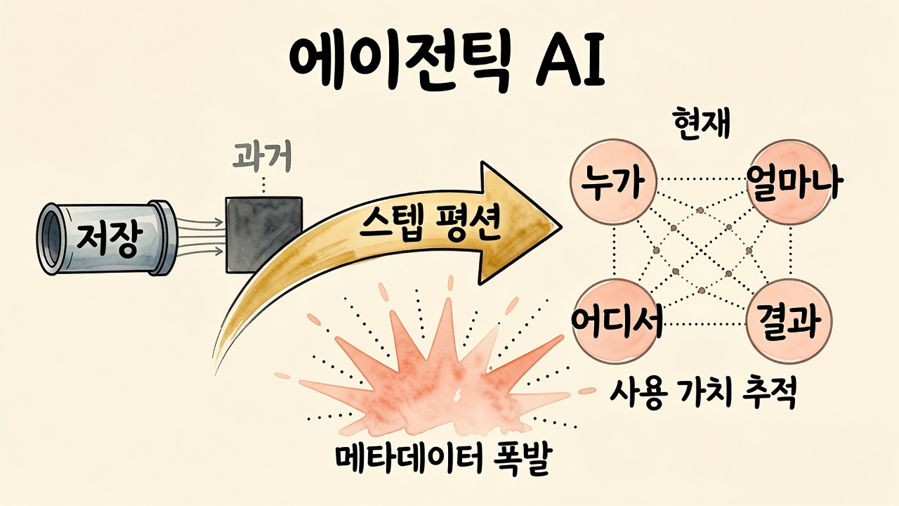 에이전틱 AI 인포그래픽: 데이터 관리가 저장에서 사용 가치 추적으로 전환되는 스텝 펑션
