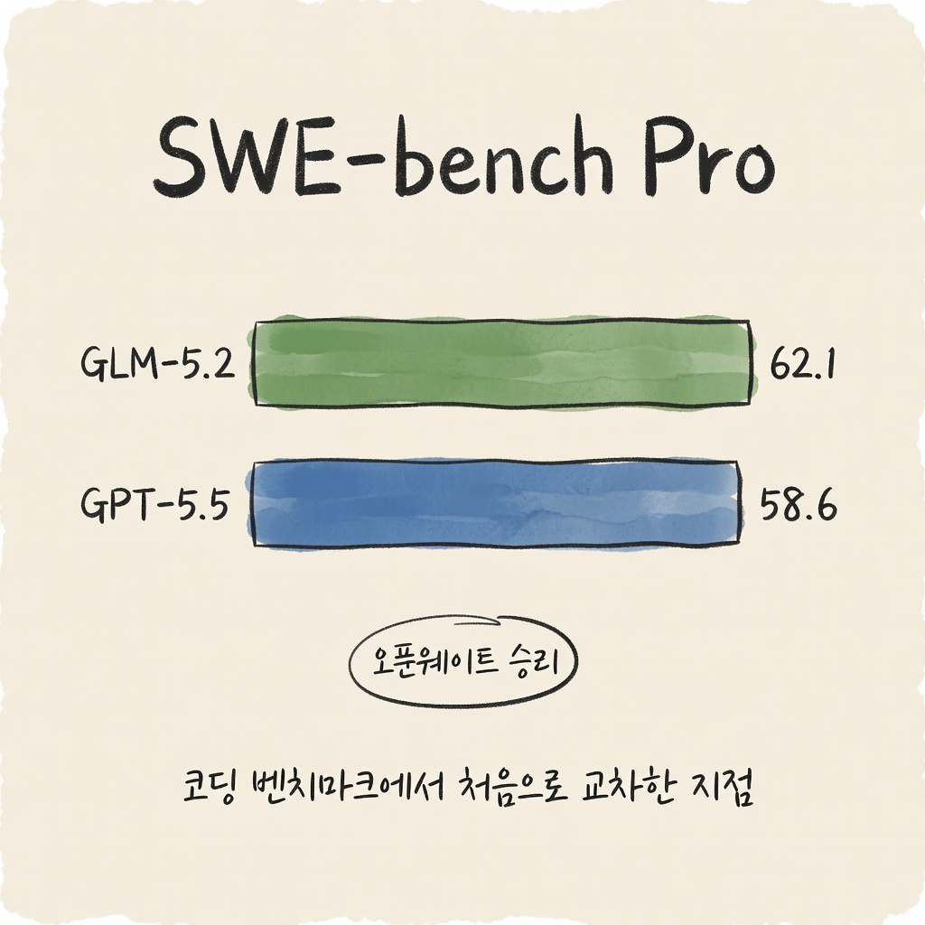 SWE-bench Pro where GLM-5.2 62.1 overtakes GPT-5.5 58.6 — hand-drawn bar chart crossover card