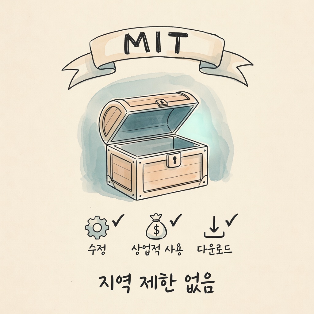 MIT license open treasure chest: commercial use, modification, download unrestricted — hand-drawn card
