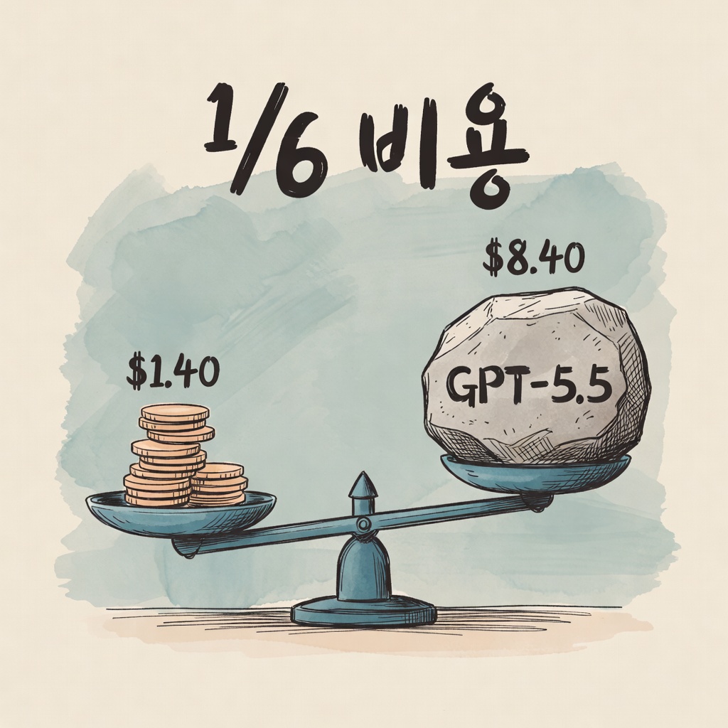 1/6 cost comparison: GLM-5.2 $1.40 vs GPT-5.5 $8.40 on a hand-drawn balance scale