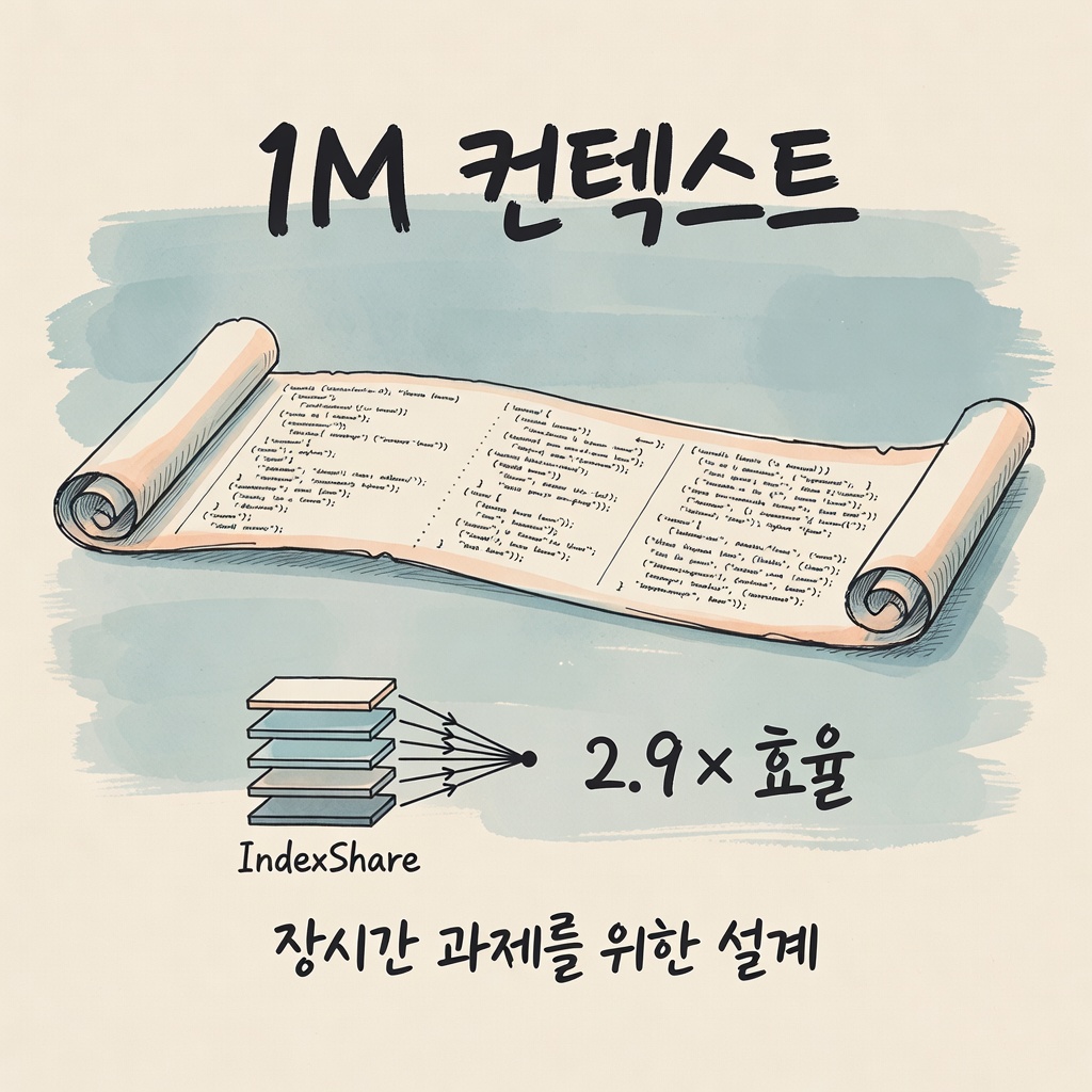 1M context window and IndexShare 2.9× efficiency improvement hand-drawn card