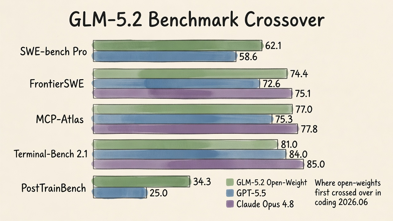 GLM-5.2 Benchmark Crossover: bar chart comparing 5 coding benchmarks across GLM-5.2, GPT-5.5, and Claude Opus 4.8