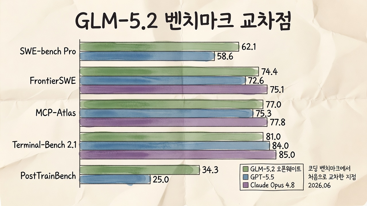 GLM-5.2 벤치마크 교차점: 5개 코딩 벤치마크에서 GLM-5.2, GPT-5.5, Claude Opus 4.8 점수 비교 막대 차트