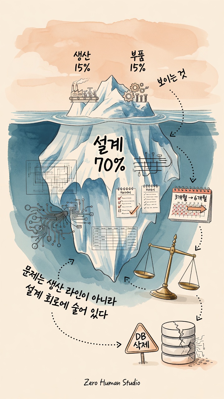 품질의 70%는 설계 단계에서 결정된다는 빙산 메타포 인포그래픽